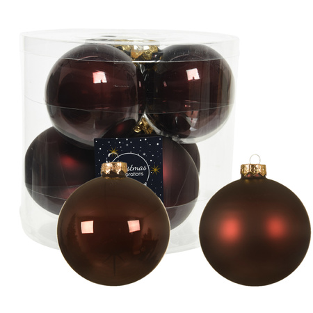 12x Glass christmas baubles redwood brown 10 cm matt/shiny