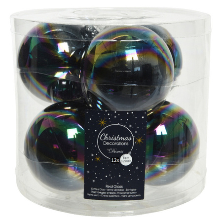 12x stuks glazen kerstballen zwart parelmoer 8 cm glans