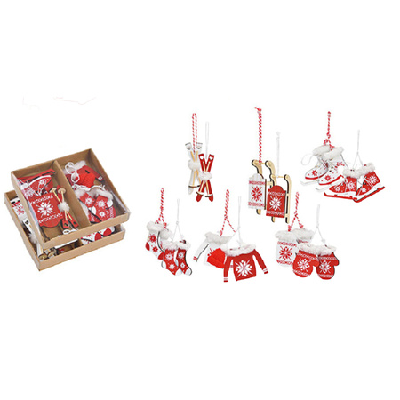 12x stuks houten kersthangers wit/rood wintersport thema kerstboomversiering