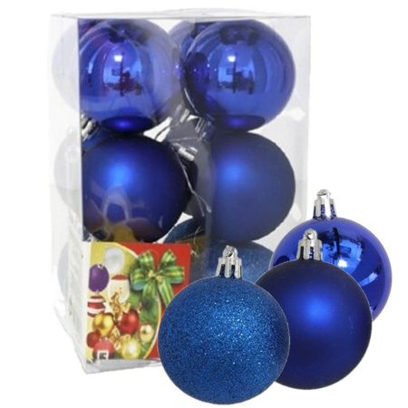 Gerim Kerstballen - 12 stuks - blauw - kunststof - mat/glans/glitter - D6 cm