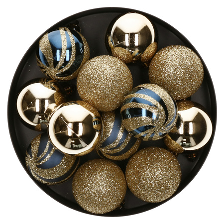 12x stuks kerstballen mix goud/blauw glans/mat/glitter kunststof 4 cm