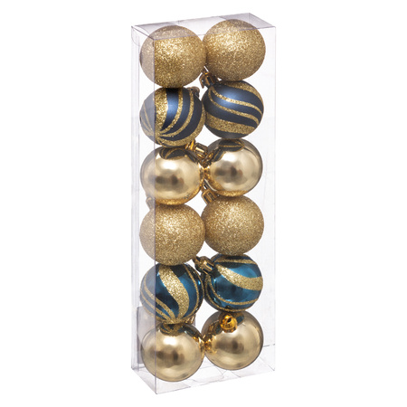 12x stuks kerstballen mix goud/blauw glans/mat/glitter kunststof 4 cm