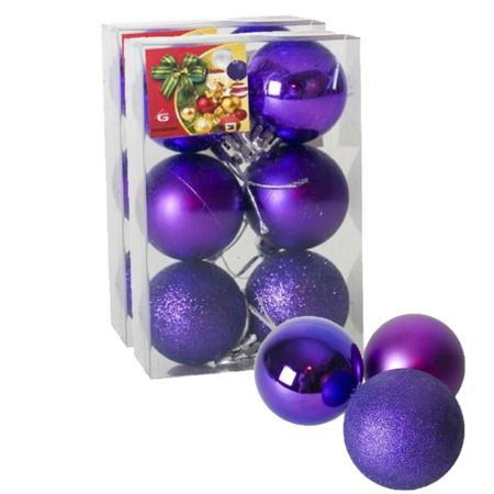 12x stuks kerstballen paars mix van mat/glans/glitter kunststof 4 cm