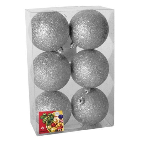 12x pieces christmas baubles glitters silver plastic 8 cm