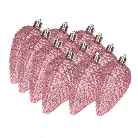 12x Glitter pinecones lipstick pink plastic tree hangers 8 cm