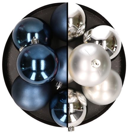 12x stuks kunststof kerstballen 8 cm mix van donkerblauw en zilver