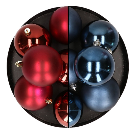 12x stuks kunststof kerstballen 8 cm mix van donkerrood en donkerblauw