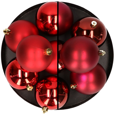 12x pcs plastic christmas baubles 8 cm mix of red and dark red