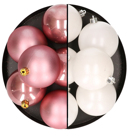 12x pcs plastic christmas baubles 8 cm mix of velvet pink and white