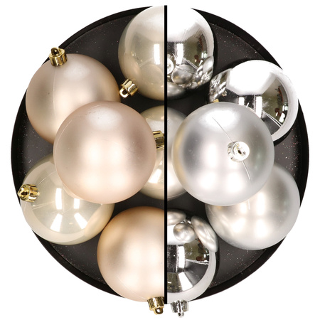 12x stuks kunststof kerstballen 8 cm mix van zilver en champagne