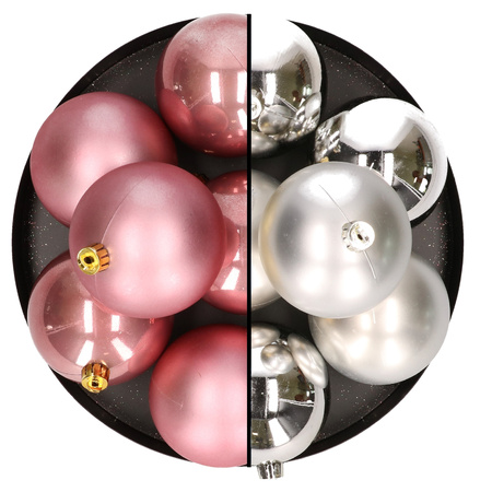 12x pcs plastic christmas baubles 8 cm mix of velvet pink and silver