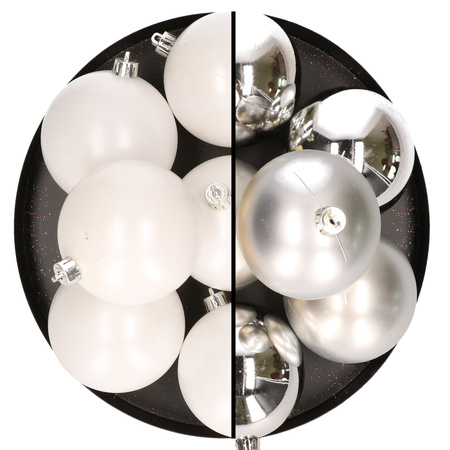 12x stuks kunststof kerstballen 8 cm mix van zilver en wit