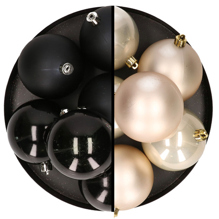 12x pcs plastic christmas baubles 8 cm mix of champagne and black