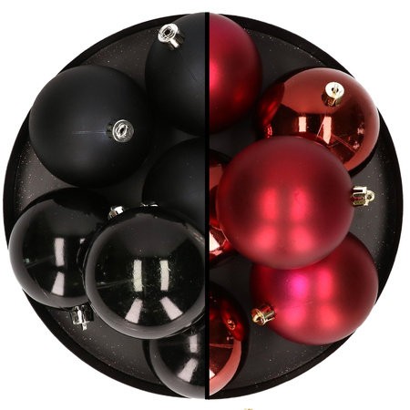 12x pcs plastic christmas baubles 8 cm mix of dark red and black
