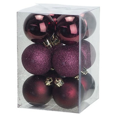 24x Christmas baubles mix aubergine and dark red 6 cm plastic matte/shiny/glitter