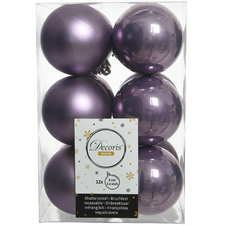 24x Plastic christmas baubles wool white and lilac purple 6 cm mix