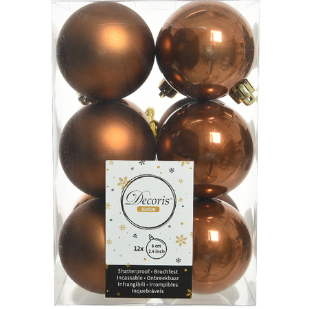 12x stuks kunststof kerstballen kaneel bruin 6 cm glans/mat