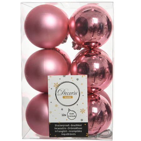 12x stuks kunststof kerstballen lippenstift roze 6 cm glans/mat