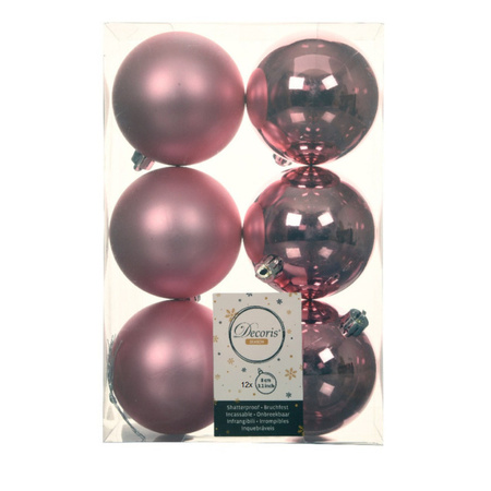 12x stuks kunststof kerstballen lippenstift roze 8 cm glans/mat