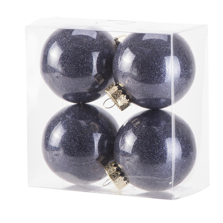 12x stuks kunststof kerstballen met glitter afwerking donkerblauw 8 cm