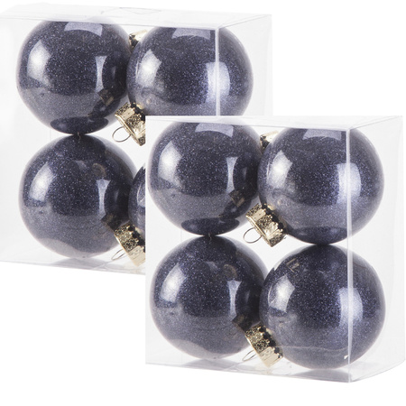 12x stuks kunststof kerstballen met glitter afwerking donkerblauw 8 cm