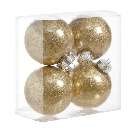 12x stuks kunststof kerstballen met glitter afwerking goud 8 cm