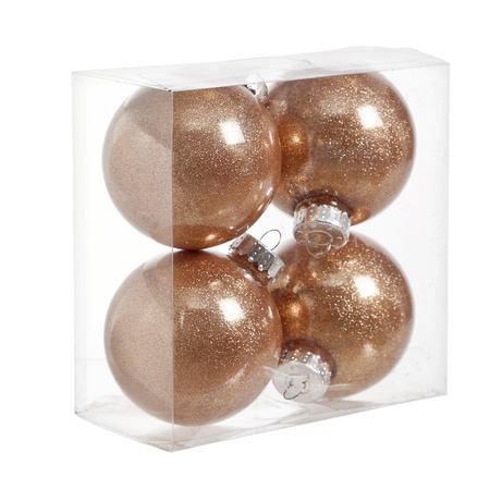 12x stuks kunststof kerstballen met glitter afwerking koper 8 cm