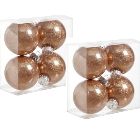 12x stuks kunststof kerstballen met glitter afwerking koper 8 cm