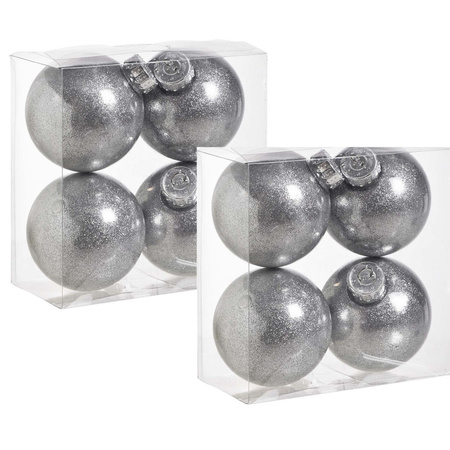 12x stuks kunststof kerstballen met glitter afwerking zilver 8 cm