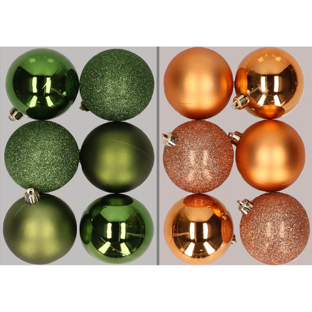 12x stuks kunststof kerstballen mix van appelgroen en koper 8 cm