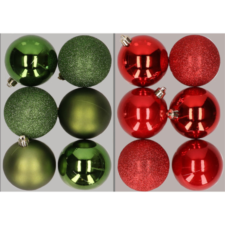 12x stuks kunststof kerstballen mix van appelgroen en rood 8 cm