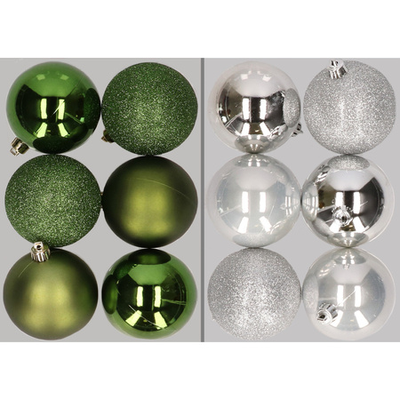 12x Christmas baubles mix apple green and silver 8 cm plastic matte/shiny/glitter