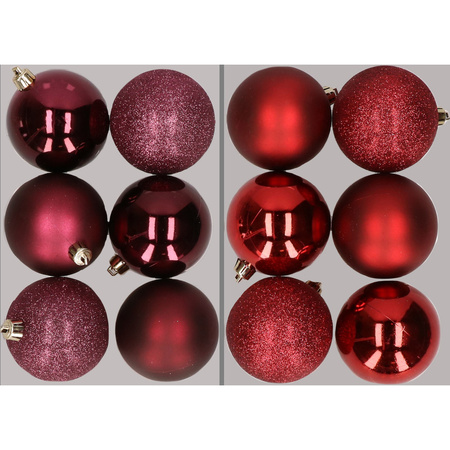 12x stuks kunststof kerstballen mix van aubergine en donkerrood 8 cm
