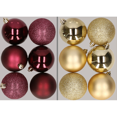 12x stuks kunststof kerstballen mix van aubergine en goud 8 cm