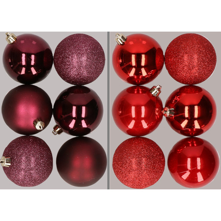 12x stuks kunststof kerstballen mix van aubergine en rood 8 cm