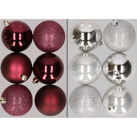 12x Christmas baubles mix aubergine and silver 8 cm plastic matte/shiny/glitter