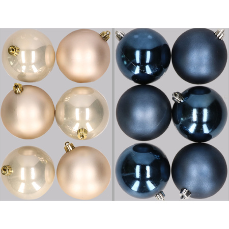 12x stuks kunststof kerstballen mix van champagne en donkerblauw 8 cm