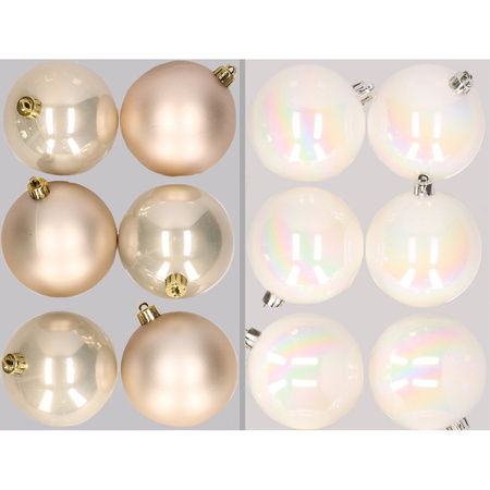 12x stuks kunststof kerstballen mix van champagne en parelmoer wit 8 cm
