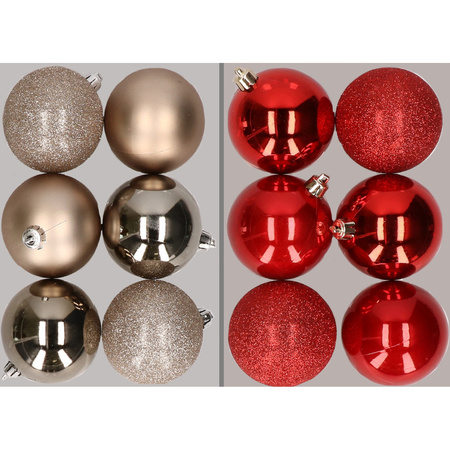 12x Christmas baubles mix champagne and red 8 cm plastic matte/shiny/glitter