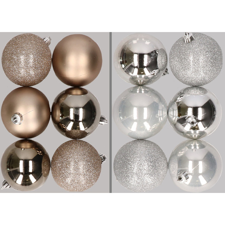 12x Christmas baubles mix champagne and silver 8 cm plastic matte/shiny/glitter