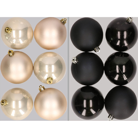 12x Christmas baubles mix of champagne and black 8 cm plastic matte/shiny