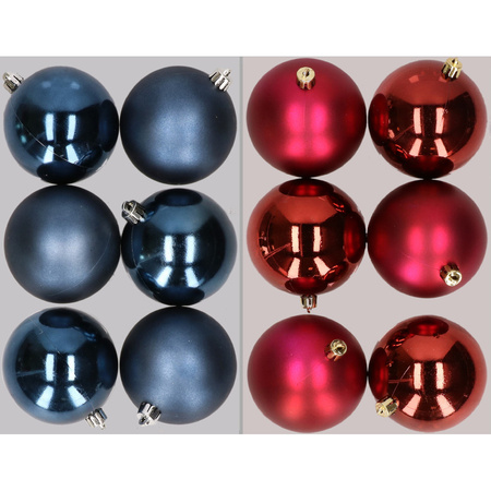 12x Christmas baubles mix of royal blue and dark red 8 cm plastic matte/shiny