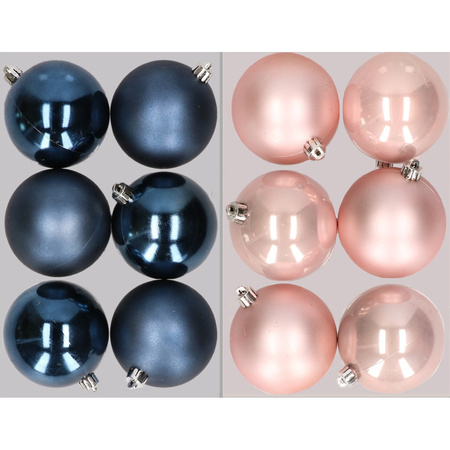 12x stuks kunststof kerstballen mix van donkerblauw en lichtroze 8 cm
