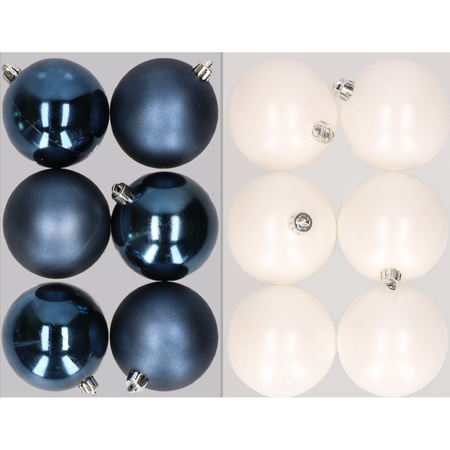 12x stuks kunststof kerstballen mix van donkerblauw en winter wit 8 cm
