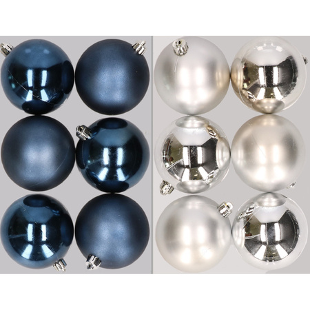 12x stuks kunststof kerstballen mix van donkerblauw en zilver 8 cm