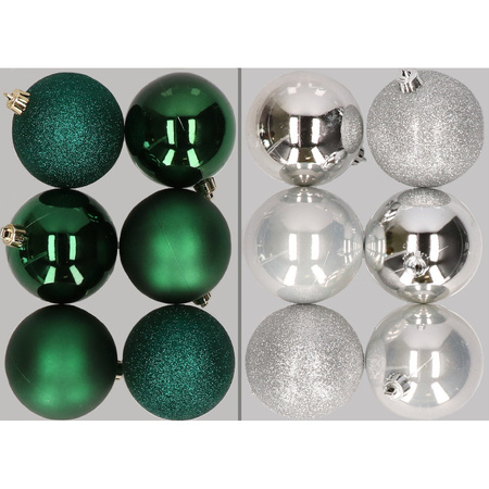 12x Christmas baubles mix dark green and silver 8 cm plastic matte/shiny/glitter