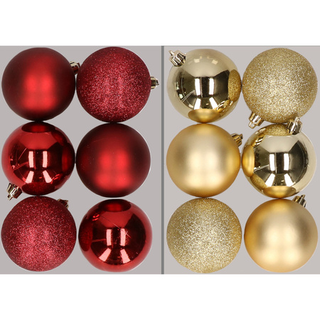 12x stuks kunststof kerstballen mix van donkerrood en goud 8 cm