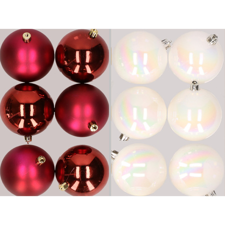 12x stuks kunststof kerstballen mix van donkerrood en parelmoer wit 8 cm