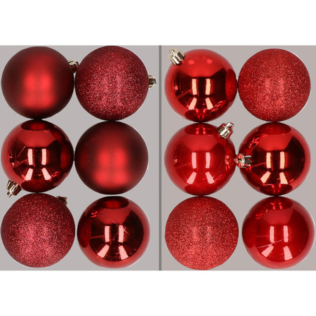 12x stuks kunststof kerstballen mix van donkerrood en rood 8 cm