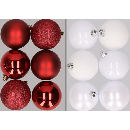 12x Christmas baubles mix dark red and white 8 cm plastic matte/shiny/glitter